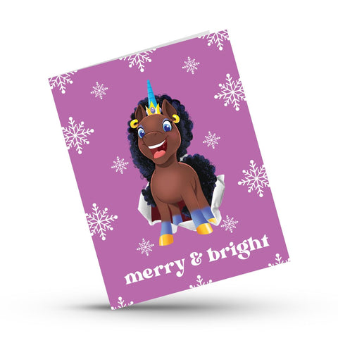 Afro Unicorn Merry & Bright Christmas Card