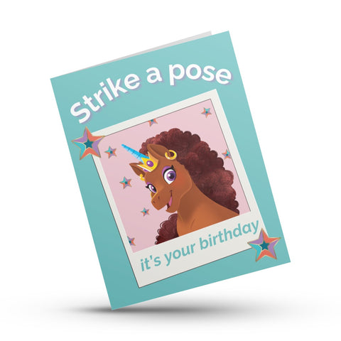 Strike a Pose Unique Afro Unicorn Birthday Card